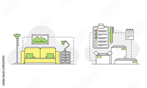 Apartment move. Moving to new house with home furniture and boxes linear vector illustration