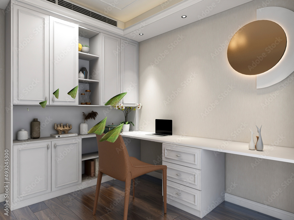 3D rendering, spacious modern residential study design