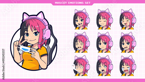 Cute Gamer girl mascot logo with happy, sad, shocked, angry, crying facial expressions set