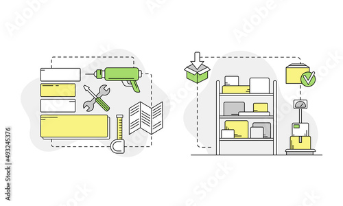 Moving and relocation set. Cardboard boxes with personal belongings and renovation objects linear vector illustration