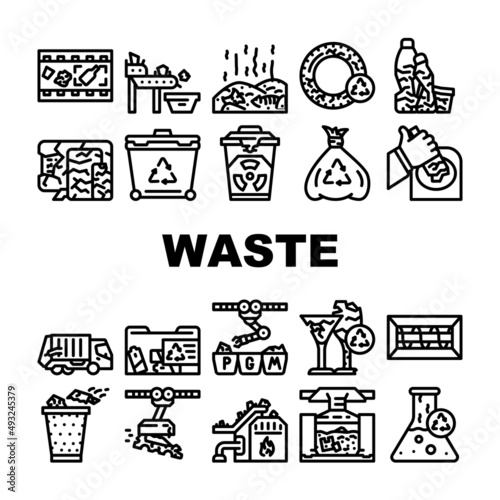 Waste Sorting Conveyor Equipment Icons Set Vector. Chemical Hazardous, Technique And Organic Waste Sorting, Transportation, Recycling And Incineration. Trash Container Bag Black Contour Illustrations