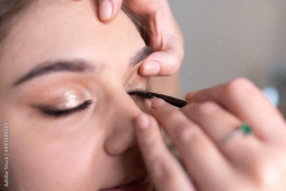 Make-up artist applies eyeliner to the girl's upper eyelid with a brush Make-up artist applies eyeliner to the girl's upper eyelid with a brush