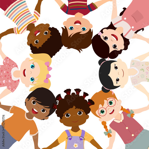 Group of diverse culture and ethnic children holding hands forming a ring.Smiling and happy kids in circle.Friendship between communities of multi-ethnic children from different continents