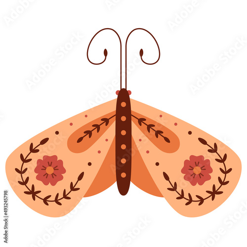 Folk style orange moth decorative graphic art