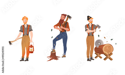 Lumberjacks cutting trees set. Logging industry workers working with axe cartoon vector illustration