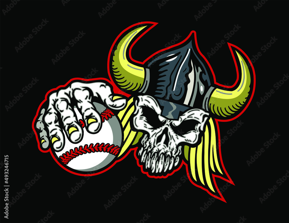 viking skull mascot holding a baseball for school, college or league