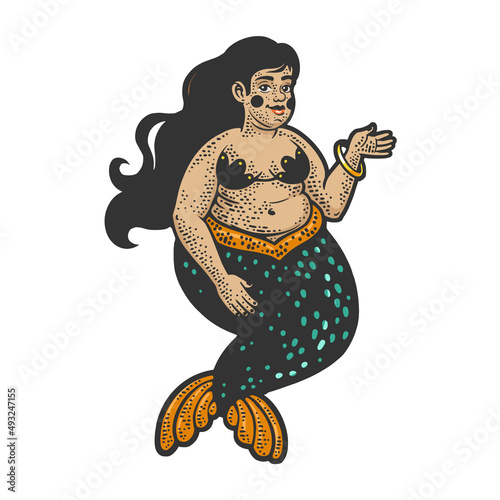 fat body positive mermaid girl color sketch engraving vector illustration. T-shirt apparel print design. Scratch board imitation. Black and white hand drawn image.