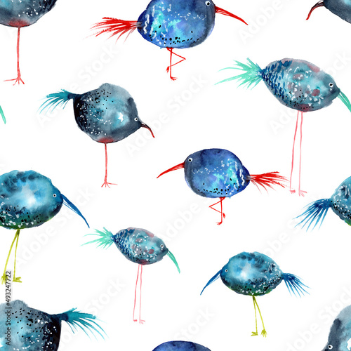 Hand painted watercolor pattern with colorful and unusual birds on the long legs
