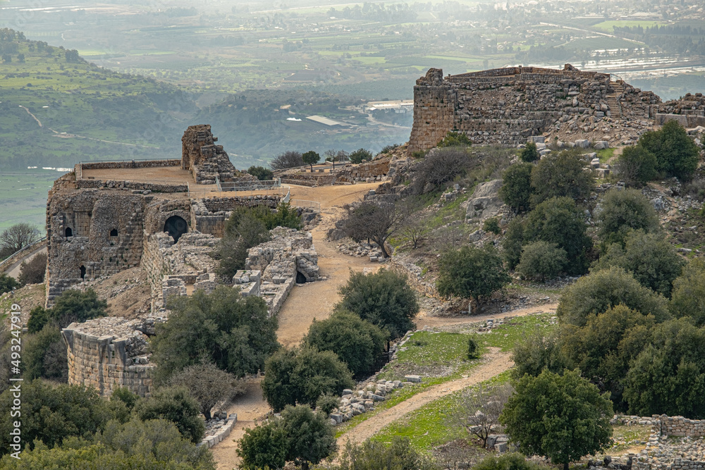Westbound aerial view of Nimrod Crusader Castle, located in Northern Golan, at the southern slope of Mount Hermon, as seen from the Keep (Donjon), Golan Heights, Israel.