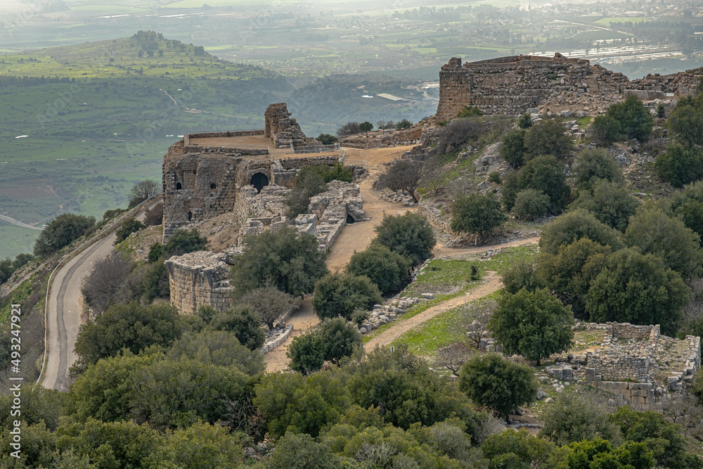 Westbound aerial view of Nimrod Crusader Castle, located in Northern Golan, at the southern slope of Mount Hermon, as seen from the Keep (Donjon), Golan Heights, Israel.	
