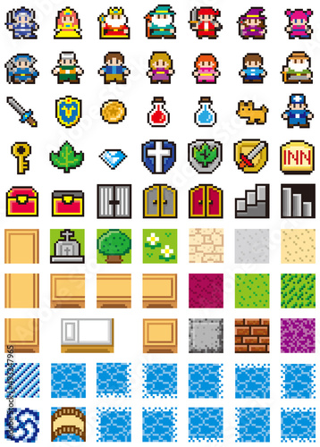 RPG風ドット絵　街と人物セット