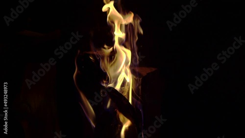 Wood burning in the fireplace. The dance of the wood flame.
