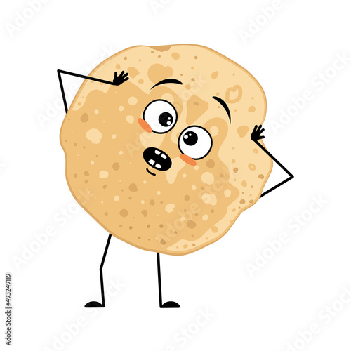 Pancake character with emotions in panic grabs his head, surprised face, shocked eyes, arms and legs. Baking person, homemade pastry with scared expression. Food emoticon for carnival or Maslenitsa