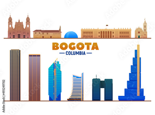 Bogota ( Columbia ) city landmarks at white background. Flat vector illustration. Business travel and tourism concept with famous buildings and monuments. Image for banner or web site.