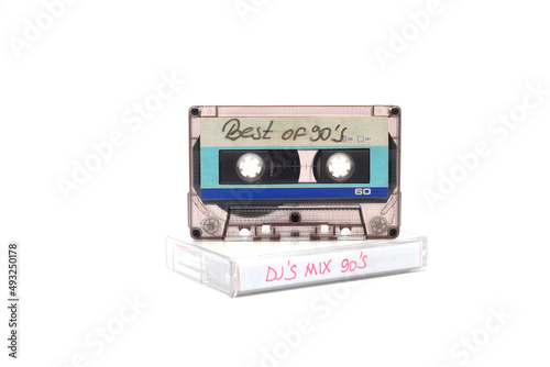 Retro audio cassette tape from the 80s and 90s on a white background.	
