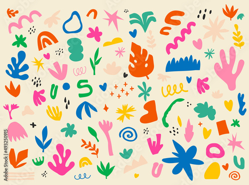 Collection of minimalistic aesthetic doodles and abstract bright elements on isolated background. Large collection of elements, unusual shapes in matisse art style hand-drawn