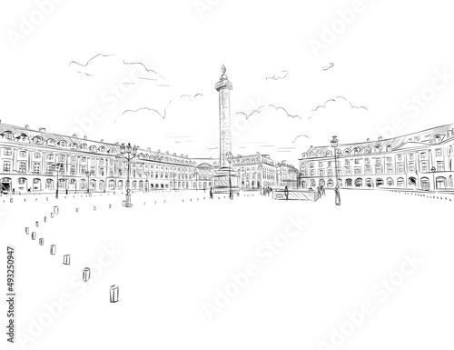 Place Vendome. Paris, France. Urban sketch. Hand drawn vector illustration