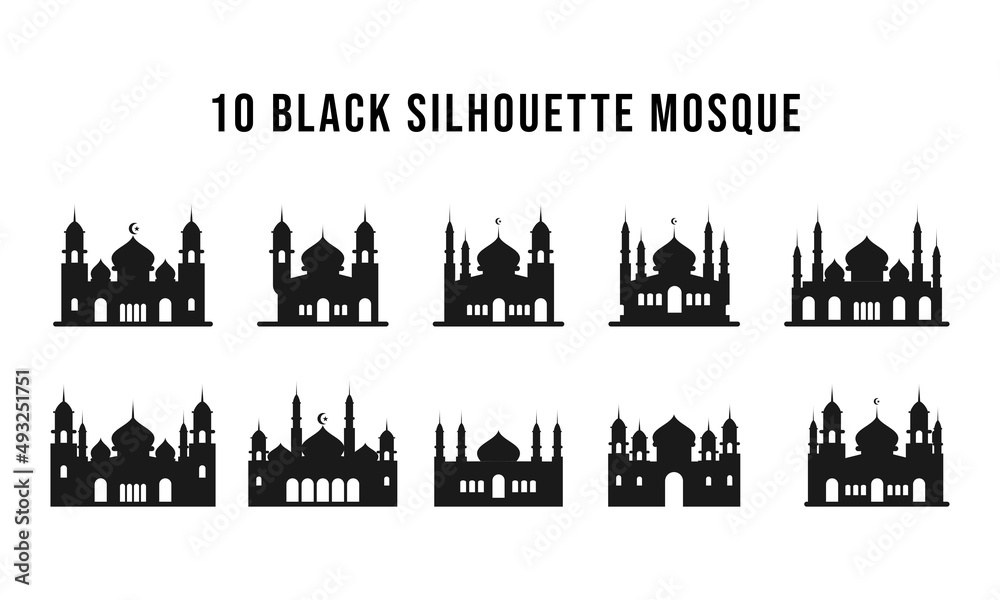10 Black Silhouette Mosque Set Vector
