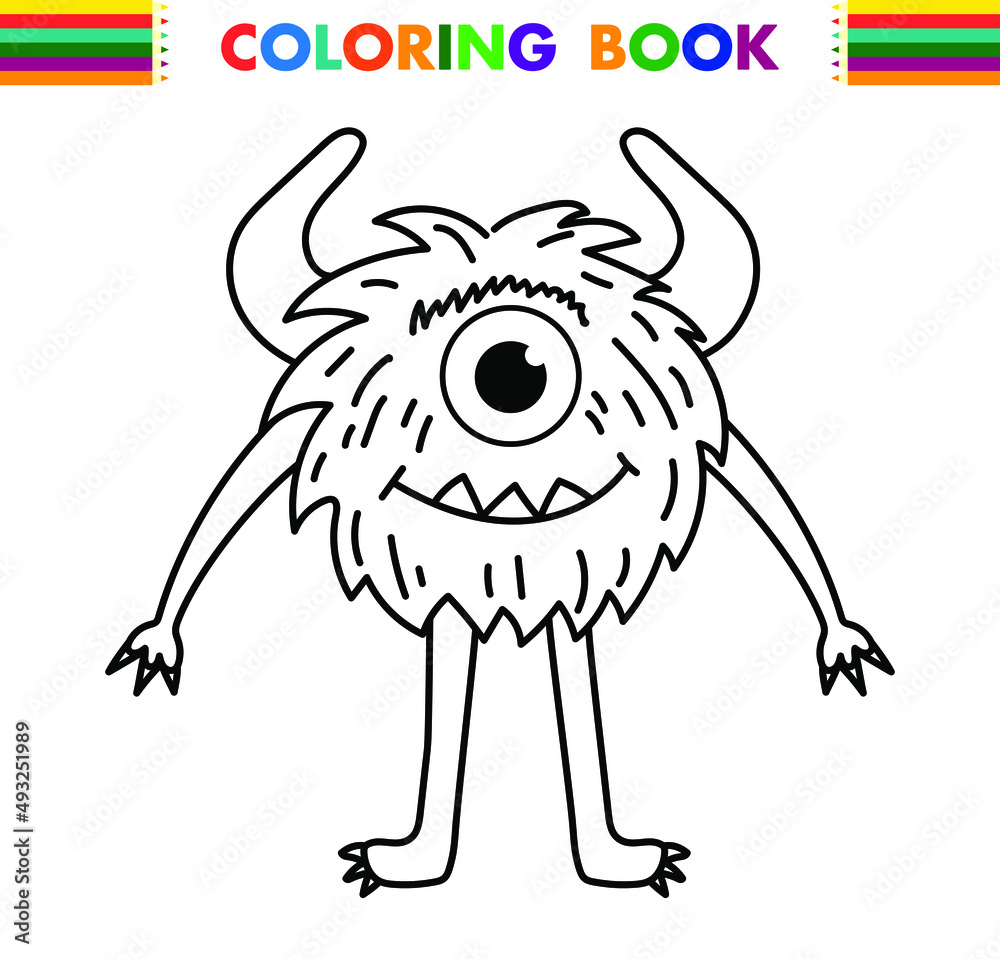 Funny and cute Alien monster with three eyes for kids. Imaginary creature for children coloring book, black and white outline fantasy cartoon for coloring pages. Funny and cute Alien monster with three eyes for kids. Imaginary creature for children coloring book, black and white outline fantasy cartoon for coloring pages.