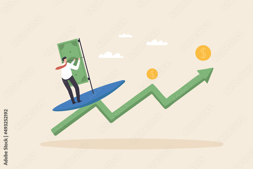 Success wave surf in business peak with ongoing money profit. ​ Investors looking for the best point to make a profit.
