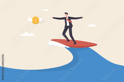 Businessman surfing and catching Dollar. Company progress with continuous financial earnings as perfect strategy and prosperity growth .