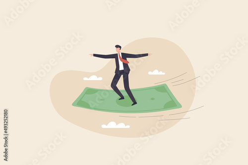 Businessman standing on flying money financial. Conceptual illustration for financial freedom.