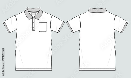 Short sleeve Polo shirt Overall technical fashion Drawing Flat sketch template front and back view. apparel dress design vector illustration mock up Polo tee CAD. 