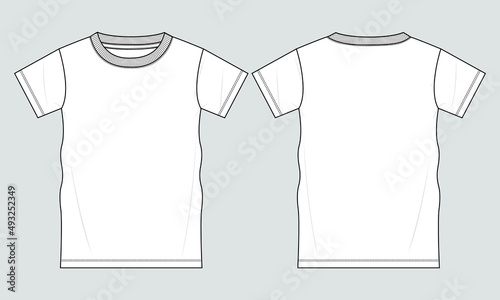 Regular fit Short sleeve T-shirt technical Sketch fashion Flat Template With Round neckline Front and back view. Clothing Art Drawing Vector illustration basic apparel design Mock up. 