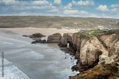 Perranporth Coast with coastal path and beach, Cornwall, UK. photo