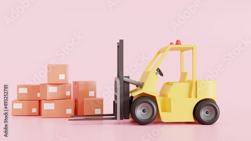 cartoon forklift, with the brown paper stack box, 3D render illustration
