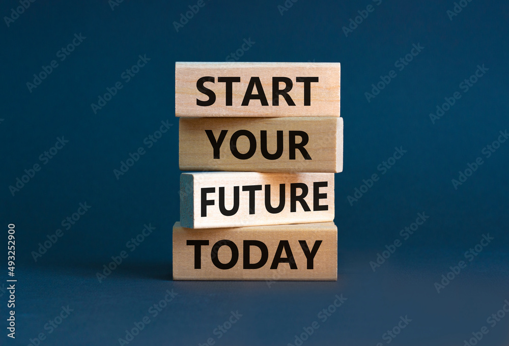 Start your future today symbol. Concept words Start your future today on wooden blocks. Beautiful grey table grey background. Start your future today business concept. Copy space. Start your future today symbol. Concept words Start your future today on wooden blocks. Beautiful grey table grey background. Start your future today business concept. Copy space.