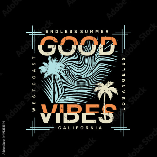 California Ocean side stylish t-shirt and apparel trendy design with palm trees silhouettes, typography, print, vector illustration. Global swatches.
