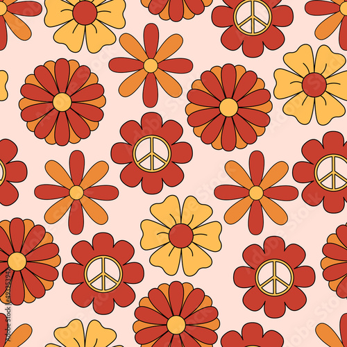 Retro 70s seamless pattern, hippie background with simple flowers. Great for fabrics and packaging.	
