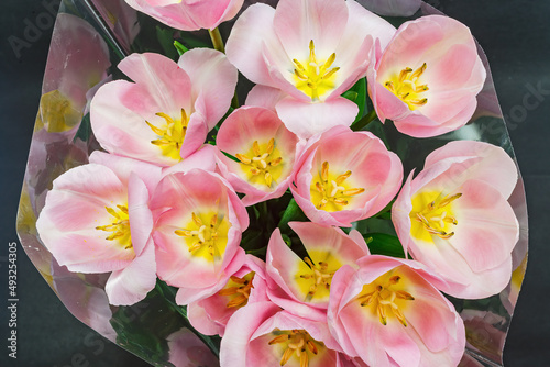 Bouquet with pink tulips top view