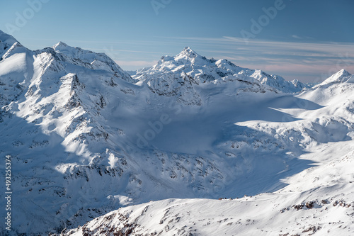 Snow covered Elbrus mountains region. Russia, december 2020. © Egor