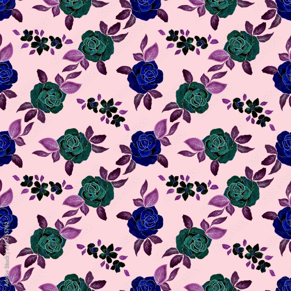 Pattern with roses. Seamless pattern with rose flowers. Blue green flowers in doodle style on a pink background. Print for textiles, stationery, covers. Pattern with roses. Seamless pattern with rose flowers. Blue green flowers in doodle style on a pink background. Print for textiles, stationery, covers.