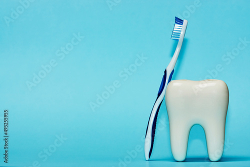 Tooth and toothbrush on blue background