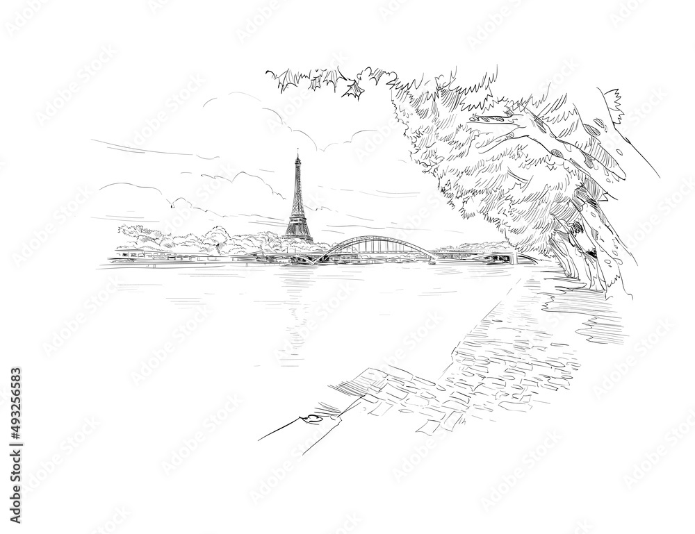 Paris, France. View from the embankment of the river Seine to the Débilly bridge and the Eiffel Tower.  Urban sketch. Hand drawn vector illustration