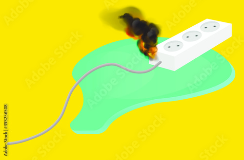 ignition of an electric extension cord from a puddle of water on a yellow background 