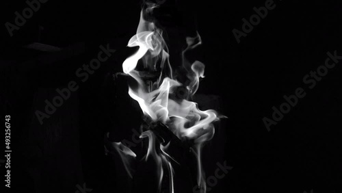 Wood burning in the fireplace. The dance of the wood flame. Black-white.