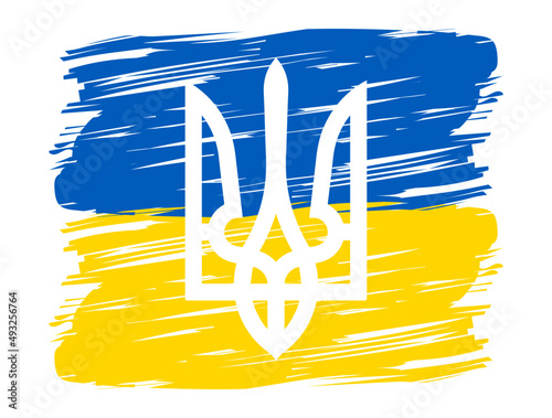 Trident on the background of the paint national flag. Concept of Ukrainian and Russian military crisis, conflict between Ukraine and Russia. Support the Ukraine. No war in Ukraine vector poster.