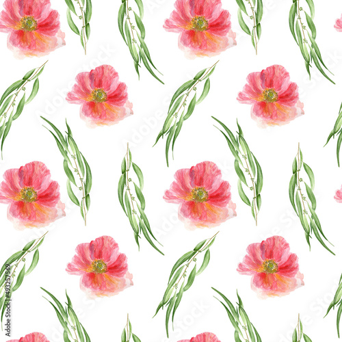 Watercolor seamless pattern with poppy and eucalyptus on white background