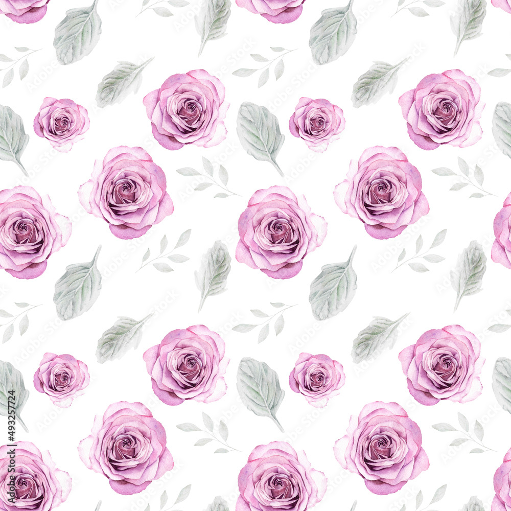 Watercolor seamless pattern with roses on white background