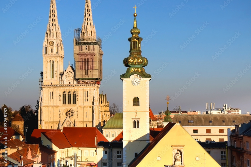 Zagreb skyline with Zagreb Cathedral and St. Mary Church. 