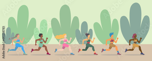 Fototapeta Naklejka Na Ścianę i Meble -  International women running through the park vector illustration