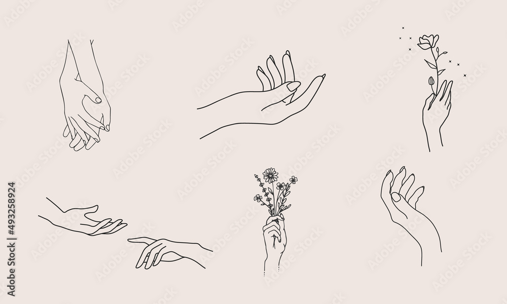 Fototapeta premium A set of Woman's hand icon collections in a minimal linear style. Vector logo design templates with different hand gestures, Crystal. For cosmetics, beauty, tattoo, Spa, feminine, jewelry store