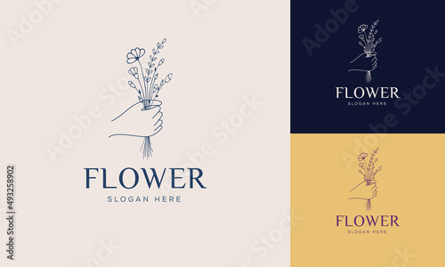 A set of female hand logos in a minimal linear style. Vector logo design Templates with different hand gestures, Crystal. For cosmetics, beauty, tattoo, Spa, feminine, jewelry store