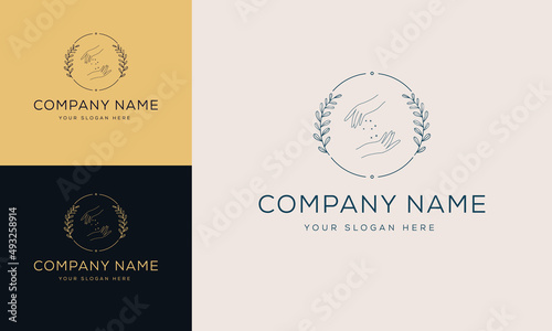 A set of female hand logos in a minimal linear style. Vector logo design Templates with different hand gestures, Crystal. For cosmetics, beauty, tattoo, Spa, feminine, jewelry store