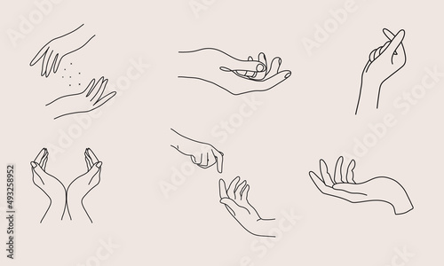 A set of Woman's hand icon collections in a minimal linear style. Vector logo design templates with different hand gestures, Crystal. For cosmetics, beauty, tattoo, Spa, feminine, jewelry store