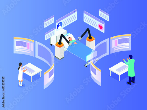 Robotic surgery isometric 3d vector concept for banner, website, illustration, landing page, flyer, etc.